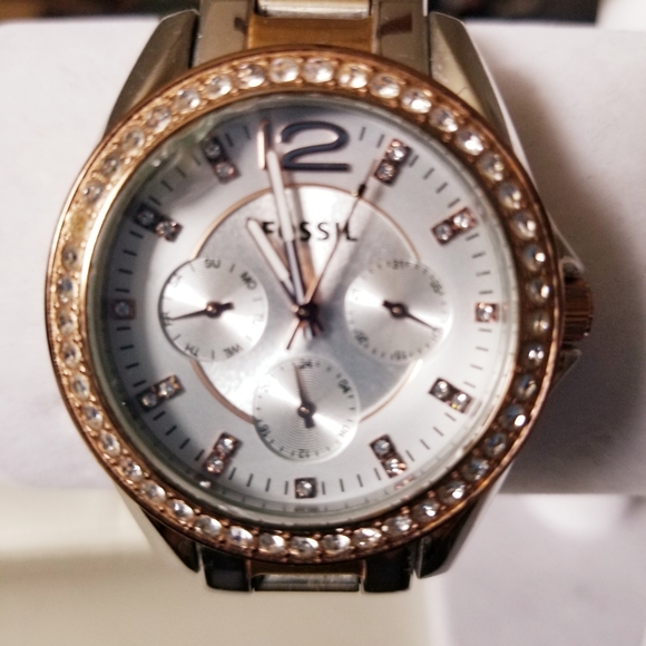 Ladies Fossil Riley Two Tone Crystal Accented Multi-function Watch - Picture 8 of 11